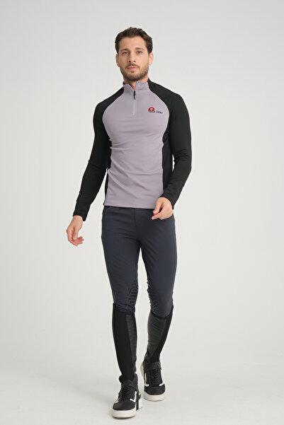 PEUR RIDER SHOP Siyah Kol Gri Garnili Fermuarlı Uzun Kollu Erkek Binici T-shirt