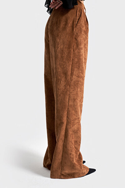 its basic Women's Latte Coffee W5-76 Super Palazzo Fit Pleated Thick Corded Fabric Velvet Velvet Fabric Trousers