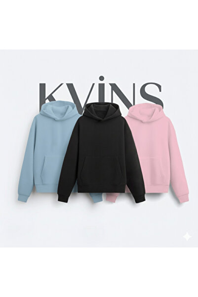 KVİNS 3'lü Bebe Mavi, Siyah ve Pembe Pamuklu Basic Unisex Oversize Kapüşonlu Sweatshirt Seti