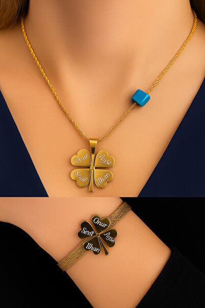 Bymiel Kişiye Özel 4 Yapraklı Yonca İsimli Çelik Kolye & Bileklik Seti (Paslanmaz Çelik )