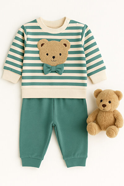 İZYALİF BABY Baby Boy Teddy Bear Embroidered 2-Piece Transitional Top and Bottom Set 9-12-18 Months Long Sleeve Cotton