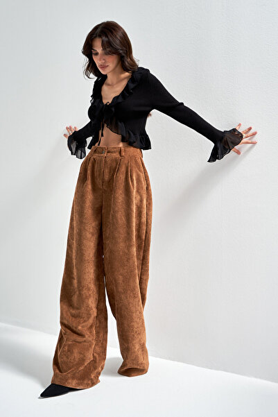 its basic Women's Latte Coffee W5-76 Super Palazzo Fit Pleated Thick Corded Fabric Velvet Velvet Fabric Trousers