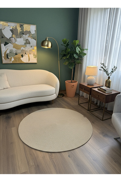 Rose'n Home JÜT ÖRGÜ-13 BEJ El Örgüsü Jüt Yuvarlak Hasır Halı Salon Mutfak Ço...