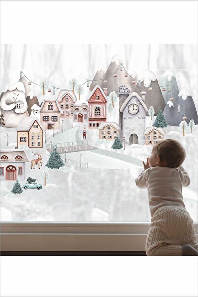 Piksel Grafik New Year's Street Houses and Snowy Mountains Wall and Glass Sti...