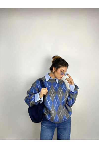 Krc Atelier Kadın Mavi-Gri Bisiklet Yaka Baklava Desenli Triko Kazak