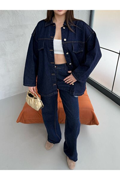 D'RECCY Women's Oversize Jacket with Belt at the Waist, Jeans Pants, Double Denim Set