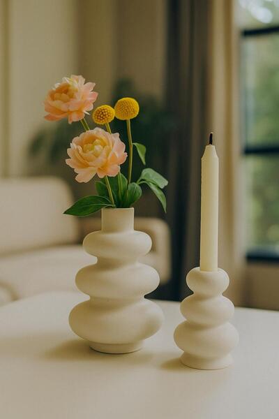 Beyaz Atölye Doğal Formlar Vazo & Şamdan Seti