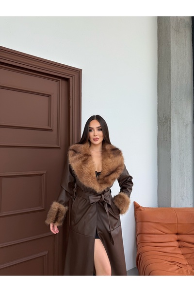 D'RECCY Women's Fur Collar Plush Sleeves Long Faux Leather Coat with Belt at the Waist