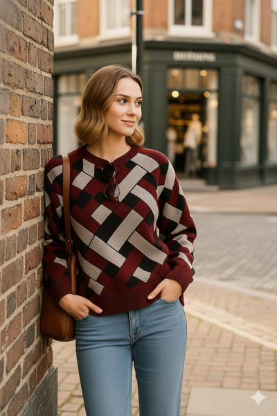 K-ODEA BUTİK Women's Zigzag Pattern O Oversized Knitwear Sweater - Soft Textured Crew Neck