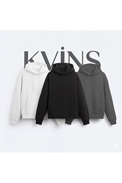 KVİNS Set de 3 hanorace unisex supradimensionate din bumbac alb, negru și gri