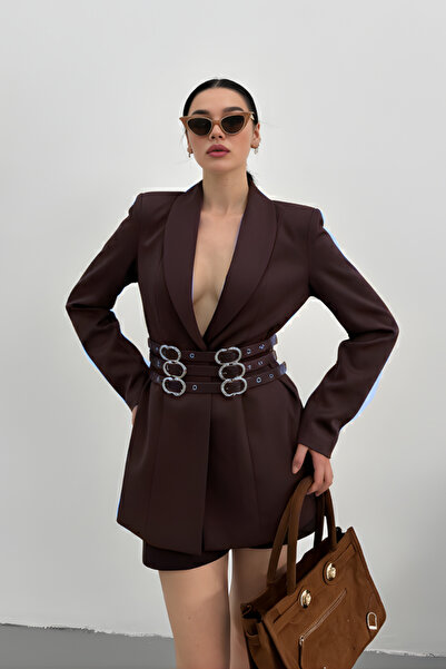 AKD Atelier Women's Blazer Jacket Stylish Double-Breasted Collar Padded Jacket with Gold Belt Detail