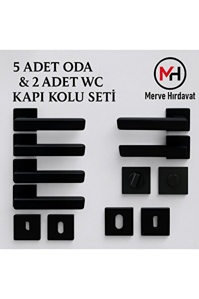 merveuras Mat Siyah Kare Rozetli Oda Kapı Kolu 5'li Set (3+1 Daire)