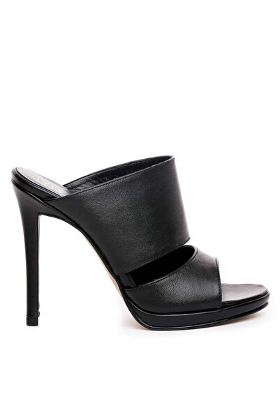 Vanilla Days Black Genuine Leather Slim-Heeled Cameroonian Mules, 12cm Heel