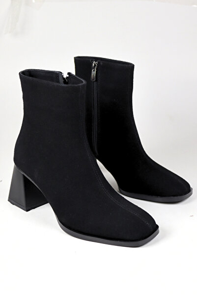 NiceDiffer Thick-Heeled Suede Women's Boots with Blunt Toe Pattern