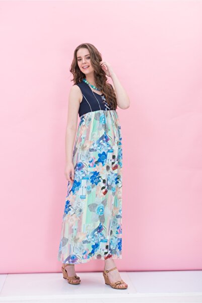 Desen Hamile Giyim Lacivert Çiçek Desenli Hamile Elbise