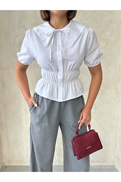 BRGCLOTHING Cămașă albă din bumbac guler tip Peter Pan cu detalii