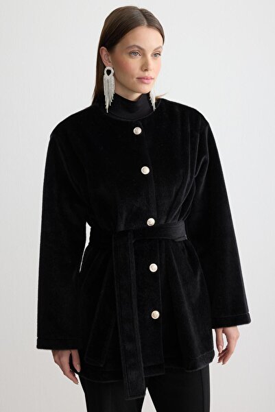 ipekton studio سترة قصيرة بحزام من الريش باللون الأسود