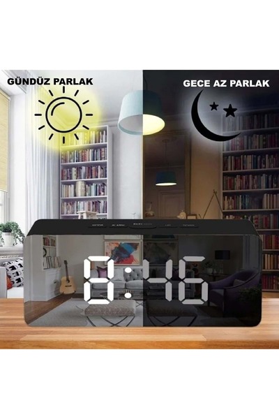 HyMark Dijital Çalar Saat Usb/Pil Aynalı LED Termometre Alarm Gece Modlu Eletronik Saat