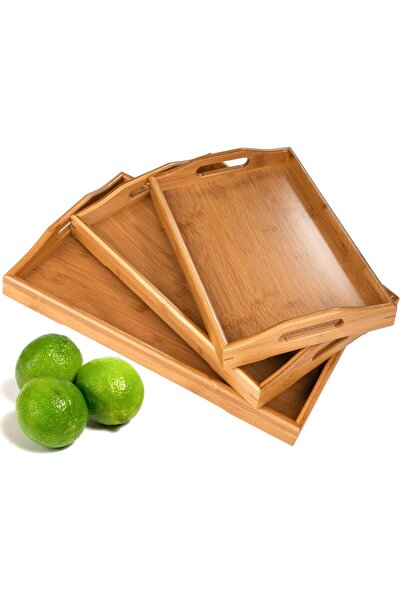 Showay 3-Piece Bamboo Serving Tray Set with Wooden Handles, Rectangular - Brown (Showay)