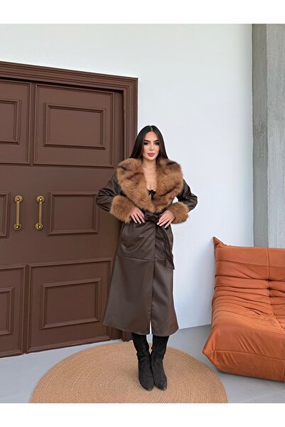 D'RECCY Women's Fur Collar Plush Sleeves Long Faux Leather Coat with Belt at the Waist