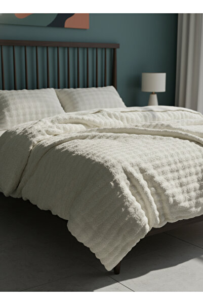 Merinos Diamond 3 Piece Bubble Fur Comforter Set, Double Size Duvet Cover Set (220X240)-Cream