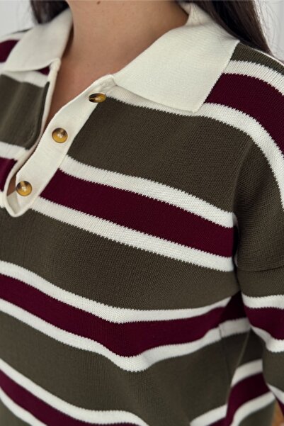 FEMELLE Pulover tricotat cu guler cu nasturi, cu dungi verzi, pentru femei, mărime standard