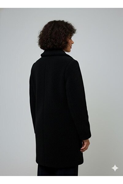 Afri Women's Black Plush Coat – Stylish Winter Coat with Buttons, Pockets, and Warmth