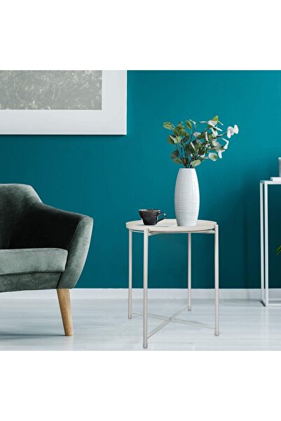 Generic SKY-TOUCH Tray Table with Detachable Tray Top, Round Metal, Waterproof, 42×53 cm, White