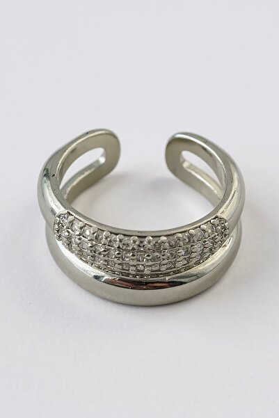 TAKIŞTIR Silver Color Stone Detailed Adjustable Steel Ring