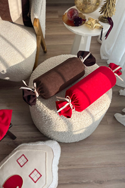 RİTMOHOME Şeker Şeklinde Kış Yılbaşı Yeni Yıl Dekoratif Silindir Yastık Kahverengi (İçi Dolgulu)