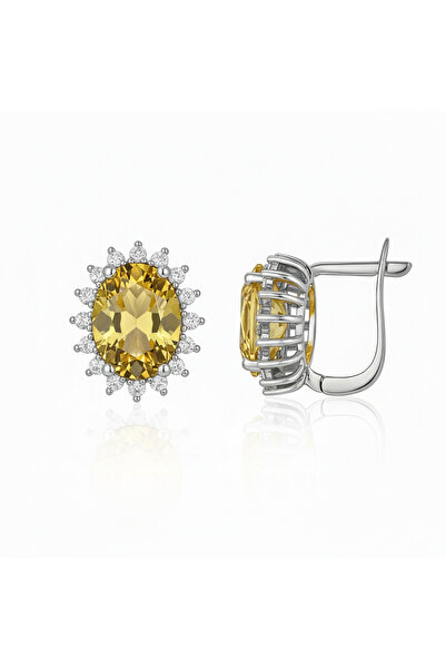 Silveranka 925 Ayar Rodyumlu Sitrin Oval Taş Gümüş Küpe