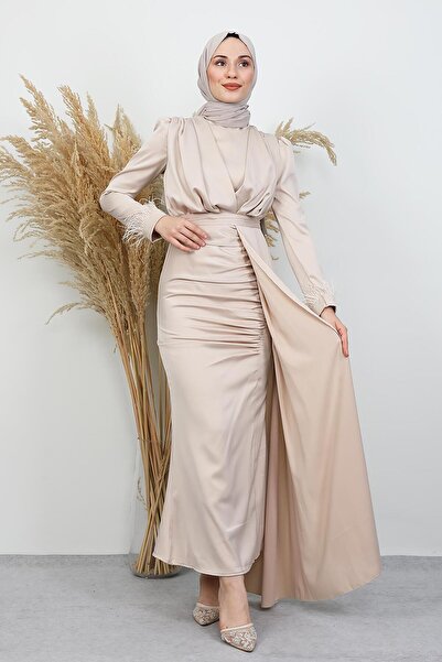 GİYZAMİLA Feathered Satin Hijab Dress Cream