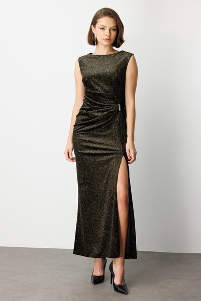 Ekol Beli Büzgülü Simli Kolsuz Elbise