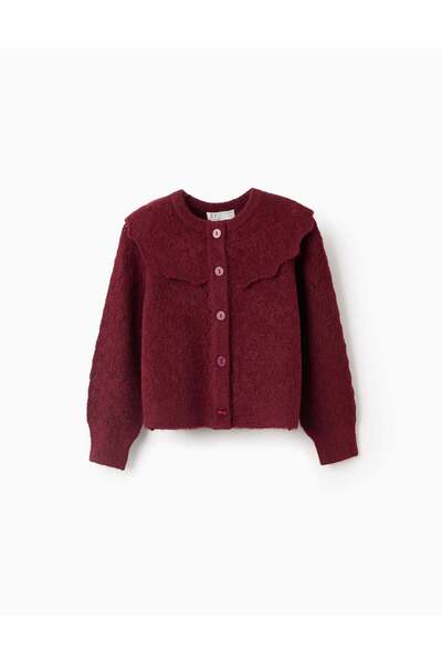 Ziddy جاكيت محبوك مفتوح مع ياقة مكشكشة للبنات، لون عنابي