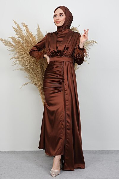 GİYZAMİLA Feathered Satin Hijab Dress Bitter Brown