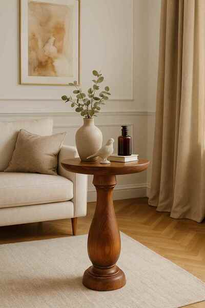 Simillo Home&Living Doğal Masif Ahşap Tekli Yan Sehpa Meşe Renk Mantar Sehpa