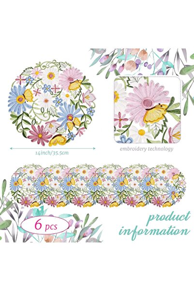 Tudomro Spring Round Embroidered Floral Placemats, 35.5 cm, 6 pcs -