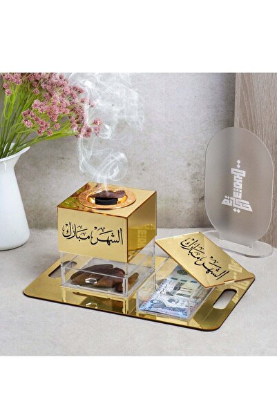 Story of candle An incense burner with an incense box and a tray, bearing the phrase "Blessed Month," made of glossy acrylic.