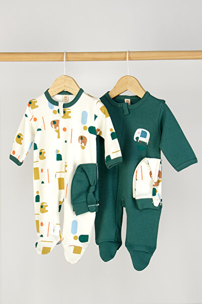 Mini Cotton Unisex Elephant Printed Beret 2-Piece Jumpsuit