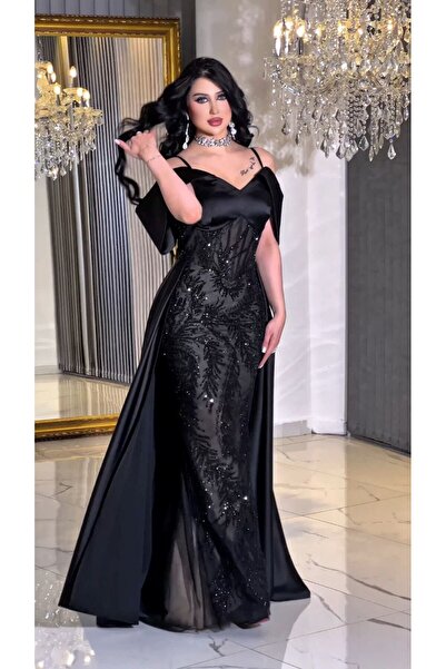 Zena Fashion Kraliçe Stili Kristal Baskı Pelerinli Abiye Siyah