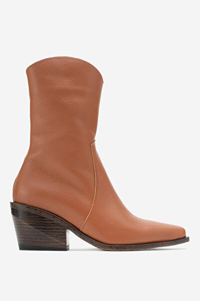 Dericlub Women's Heeled Side Zipper Boots Genuine Leather Dc 1564 Floter Taba