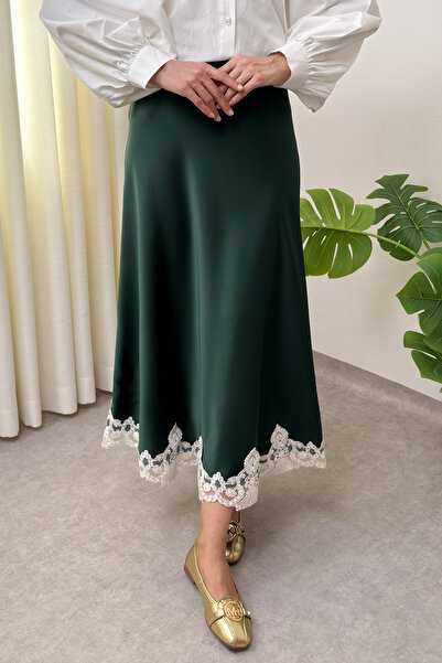 Salih Çelebi Dantel Detaylı Saten Etek 0038 - ZÜMRÜT YEŞİLİ