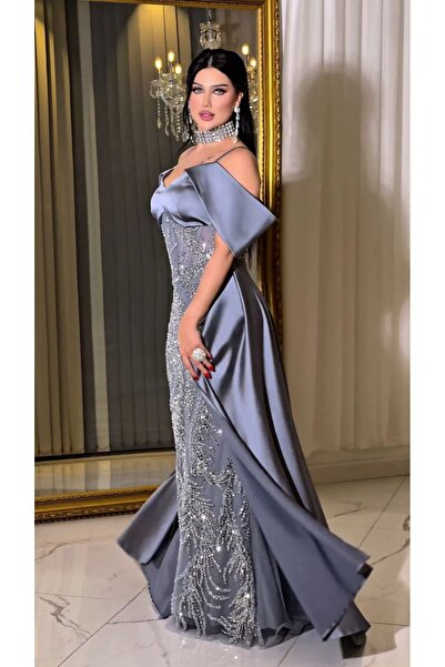 Zena Fashion Kraliçe Stili Kristal Baskı Pelerinli Abiye