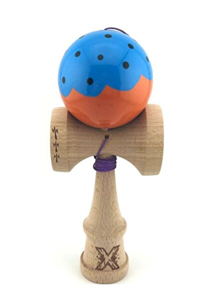 OEM Kendama Profesională X din Lemn cu Bilă Albastru-Portocalie cu Buline Neg...