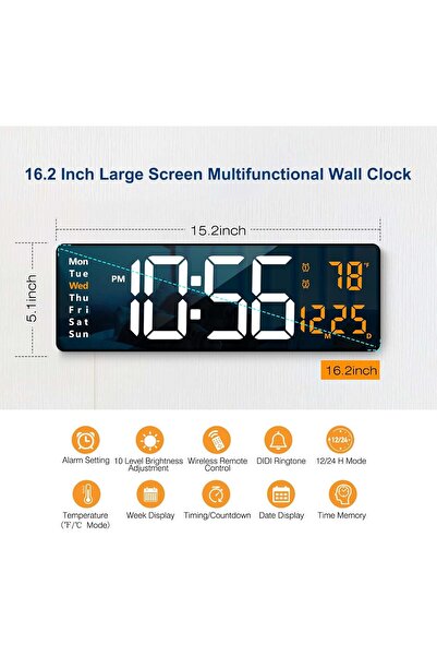 Armasse Remote Controlled Large Hd Led Display Digital Desk Wall Clock with Thermometer, Date and Alarm Orange