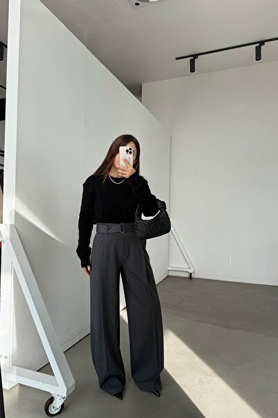 Özge Özgenç Wide Fit Waist Belted Fabric Trousers