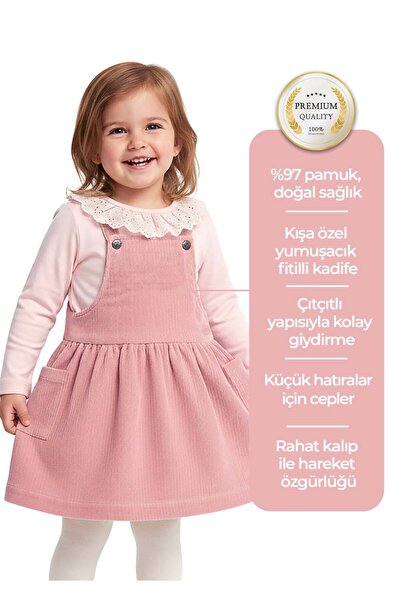 Ozmoz By Mukadder Özden Dark Pink Winter Little Girl's Dress with Velvet Straps