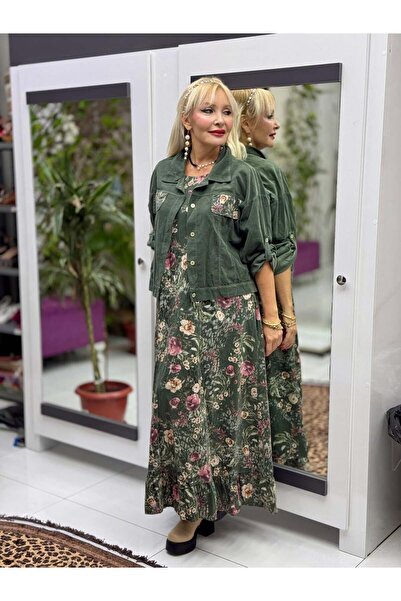 Punta Otantik NC25001 İtalyan Kadife Çiçekli Elbise Ceket Takım Yeşil