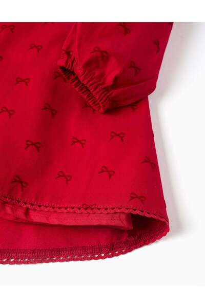 Ziddy Long sleeve twill dress with velvet bow motif for baby girls, red