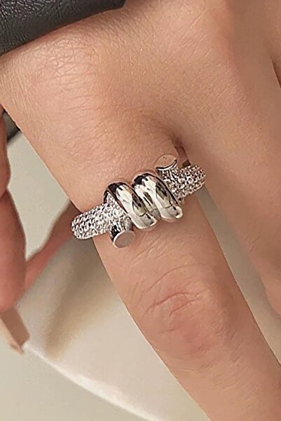 TAKIŞTIR Silver Color Stone Detailed Adjustable Steel Ring